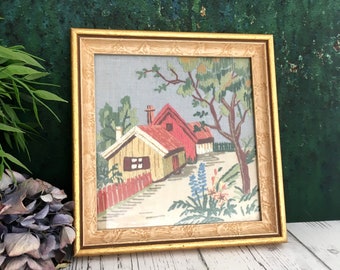 Framed Crewel, Swedish Village Landscape Embroidery, Scandinavian Needlepoint Wall Hanging, Vintage Needlework, Square Golden Wood Frame