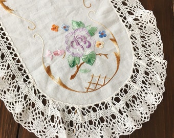 Hand Embroidered Doily, Delicate Handmade Oval Table Linens, Vintage Embroidery, Antique White Lace Tablecloth 13x29"