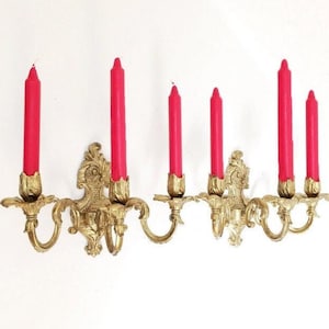 Candle Wall Sconce Pair, 2 Antique Brass Candelabras, Large Massive Three Arm Candle Sticks, Ormolu Victorian Baroque Mansion, Chateau Decor