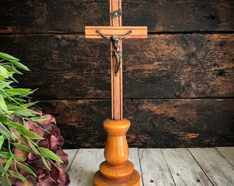 Vintage Wooden Crucifix wit Brass Jesus Christ Figurine, Standing Desk Cross, Catholic Christian Church Altar Decor