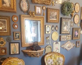 Vintage Gold Metal Bubble Glass Picture Frame, Curved Convex Domed