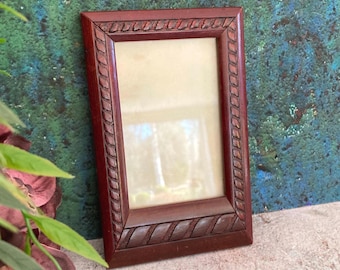 Antique Mahogany Picture Frame, Glass Cover & Stand, Small Hand Carved Wood Tabletop Photo Frame 5x3"