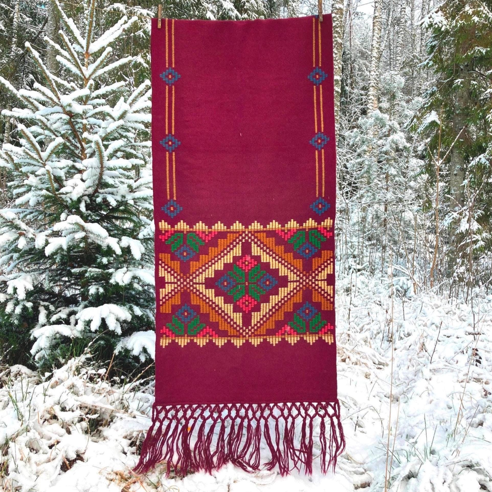 Vintage Woolen Wall Hanging Tapestry, Long Purple Scandinavian