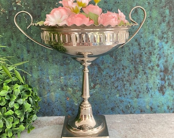 Vintage Chromed Metal Trophy Cup: 1930s Scandinavian Loving Cup, Footed Silver Gold Pedestal Bowl with Handles