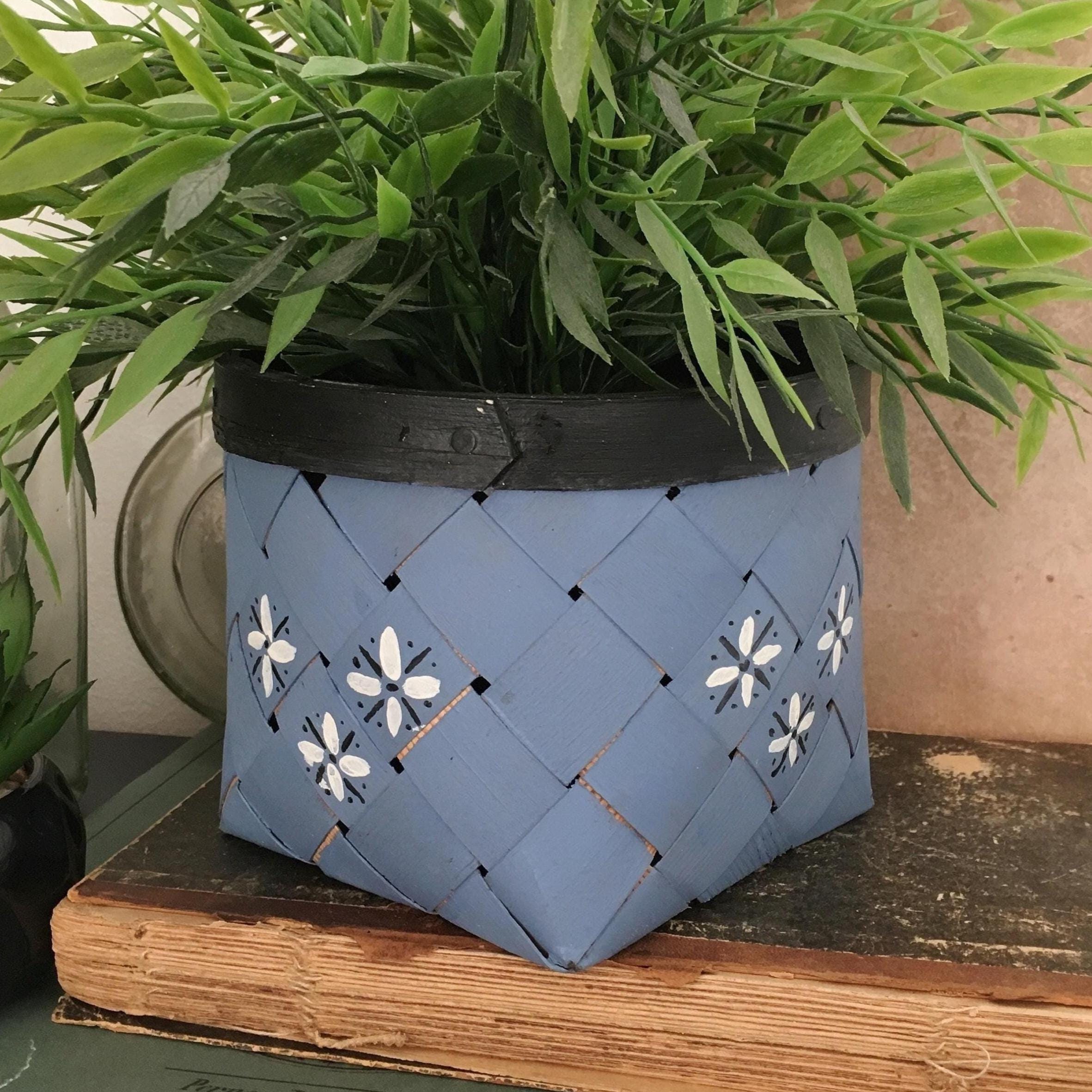 Blue Plant Basket, Small Split Wood Basket, Scandinavian Handwoven Succulent Cacti Holder, Hand Painted, Rigid Edge, Cozy Vintage Cottage