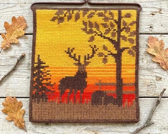 Vintage Deer Tapestry, Sunset Wall Hanging, Swedish Folk Art Needlepoint, Yellow Orange Handmade Embroidery