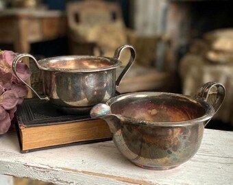 Sugar Bowl & Creamer Set, Vintage Silver Plated Victorian Tableware, 1920s Scandinavian Serveware