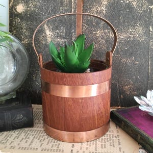 Wood & Copper Plant Pot with Removable Glass Insert, Handle, Small Cacti Succulent Pot, Modern Scandinavian Home Decor