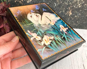 Black Lacquer Box, Swans and Water Lilies Hand Painted Khokhloma, 1980s Vintage Slavic Papier Mache Box, Vibrant Art Painting, Gift for Her