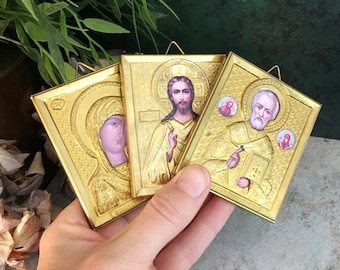 Orthodox Icons, 3 Miniature Gold Icons, Jesus Christ, Our Lady of Kazan, St Nicholas Wonderworker, Religious Home Altar, Christian Church