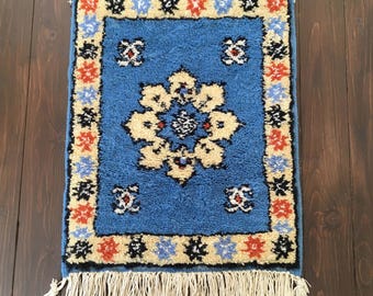 Vintage Scandinavian Rya Rug, Handmade Blue Wool Tapestry, Shag Rug Wall Hanging 18"x25"