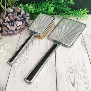 Art Nouveau Vanity Set, Vintage Silver Metal Hand Mirror & Bristle Brush, Dressing Table Hair Brush, Makeup Mirror, Lady Gift