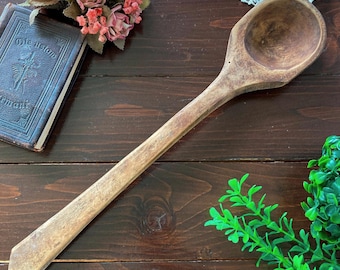 Wooden Cooking Spoon, Rustic Primitive Hand Carved Ladle, Antique Farmhouse Kitchen Decor
