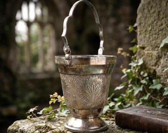 Silver Plated Vase with Handle, Vintage Heavy Massive Footed Gothic Metal Cup, Indian Home Decor