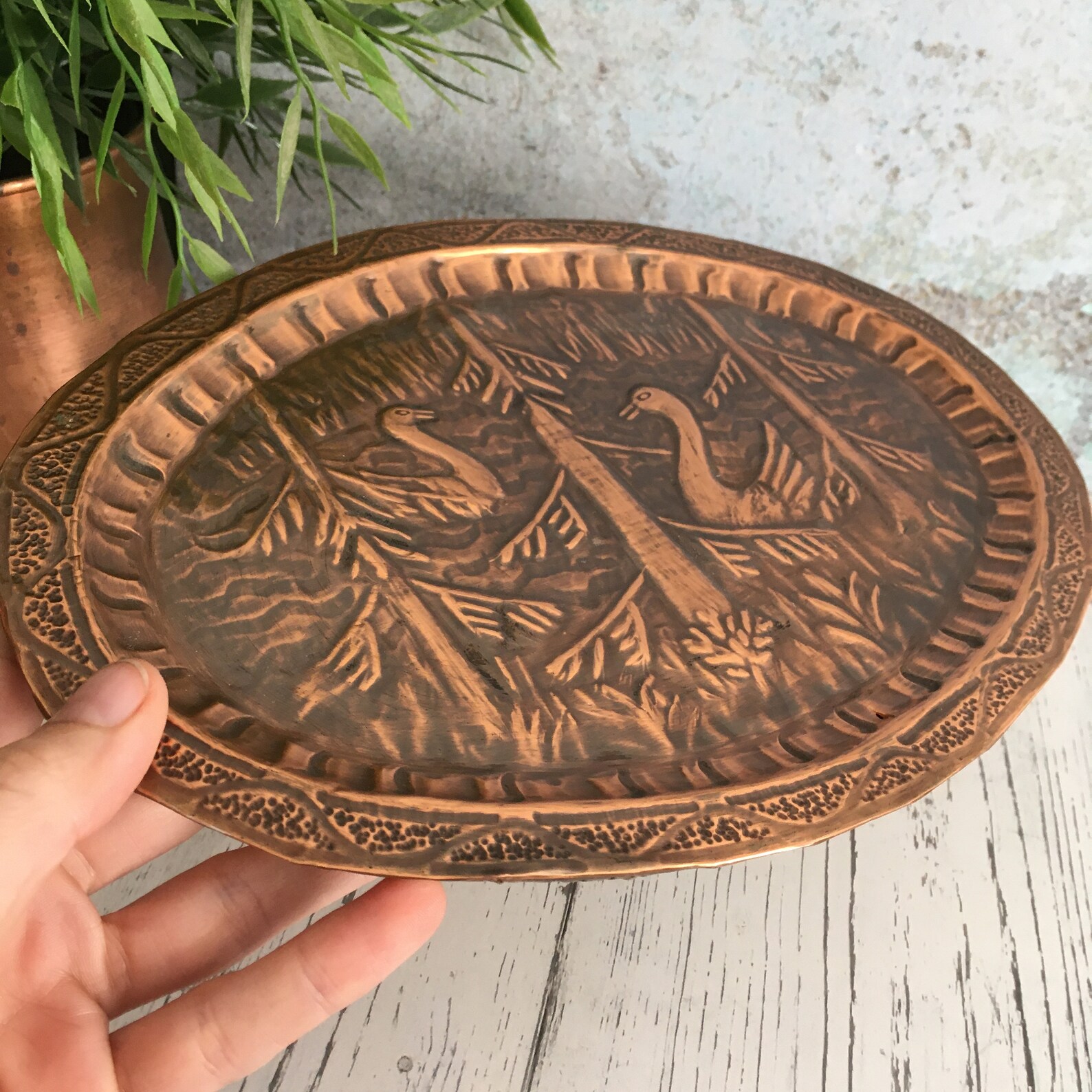 Vintage Copper Plaque Swans Embossed Wall Decor Platter Etsy