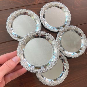 Chromed Silver Coaster Set, 5 Drinks Serving Coasters, Embossed Grape Motifs, Metal Drinkware Set, Wine Champagne Coasters, Vintage Barware