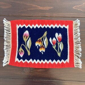 Hand Woven Flemish Tapestry, Small Red Blue Spring Flower Weaving Wall Hanging, Handmade Wool Flat Weave with Fringe, Vintage Home Decor