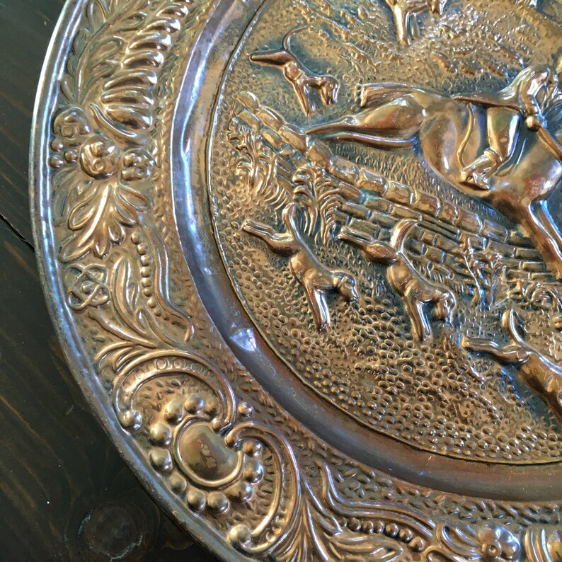 Vintage Copper Plaque, Hunting, Riding Horse, Large Round Ornate Brass Plate, Wall Decor, Art Gift, Repousse Relief, Hand Hammered Tray 14 image 8