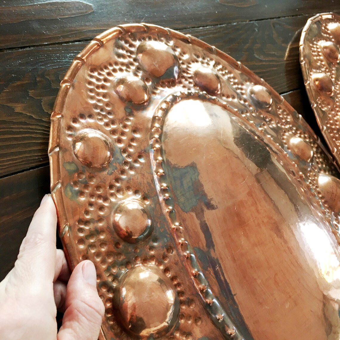 Large Copper Wall Hangings Unique Pair Embossed Oval Convex Etsy