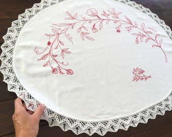 Vintage Hand Embroidered Doily, Oval Redwork Table Topper with White Lace Border