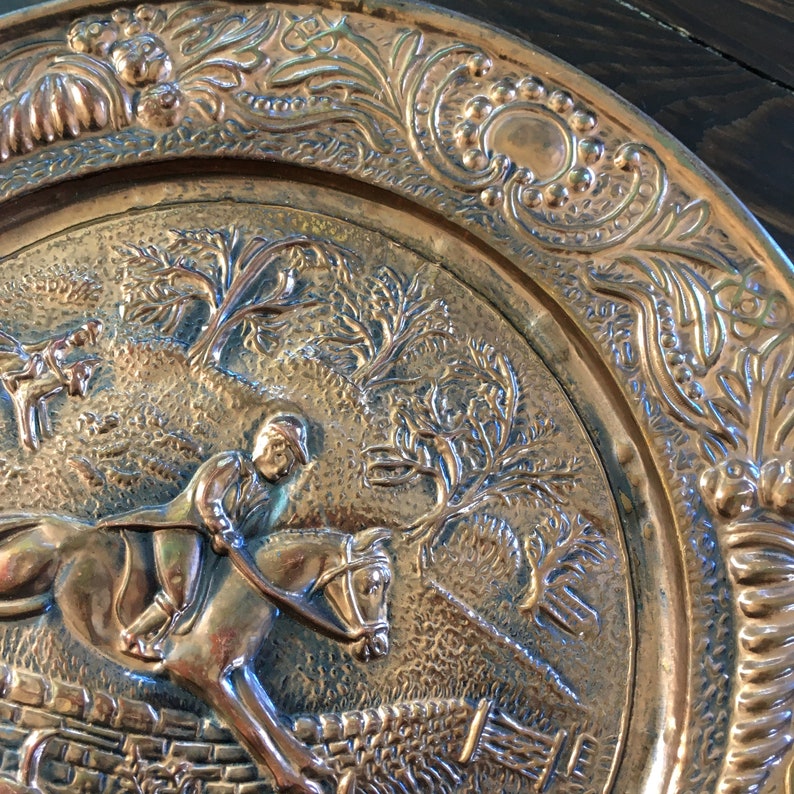 Vintage Copper Plaque, Hunting, Riding Horse, Large Round Ornate Brass Plate, Wall Decor, Art Gift, Repousse Relief, Hand Hammered Tray 14 image 3