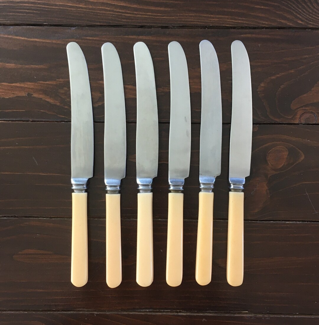 Faux Bone Butter Knives Set of 6, Yellow Bakelite Handles, 1960s