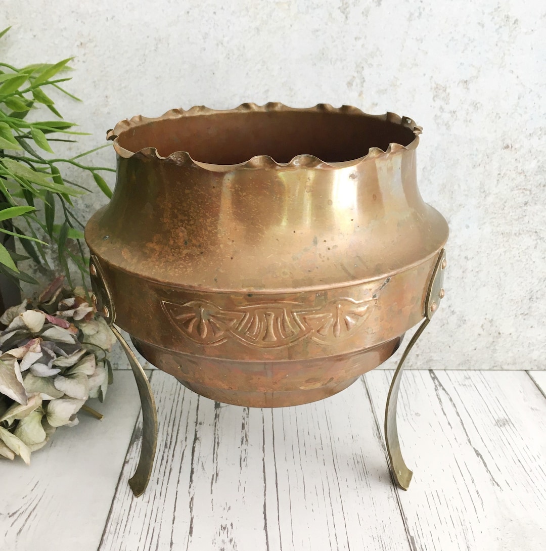 Large Plant Pot, Antique Copper Pot, Footed Rustic Copperware, Brass ...
