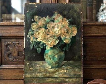 Johanna von Destouches Antique Oil Painting, Yellow Roses, German Munich School 1890, Signed Art, Small Format