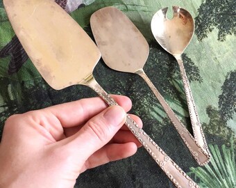 Cake Server Set of 3, Vintage Silver Plated Dessert Slicers, Serving Spoon, Ornate Cake Cutting Tools 1970s Estonia