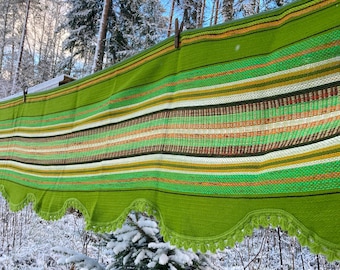 Mantovana verde vintage, tenda da caffè a righe scandinava di metà secolo larga 4 metri con frange, tessuto retrò