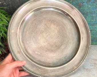Vintage Silver Plated Tray, 1920s Round Cocktail Serving Platter, 12" Large Charger Plate, Hallmarked GAB NS ALP