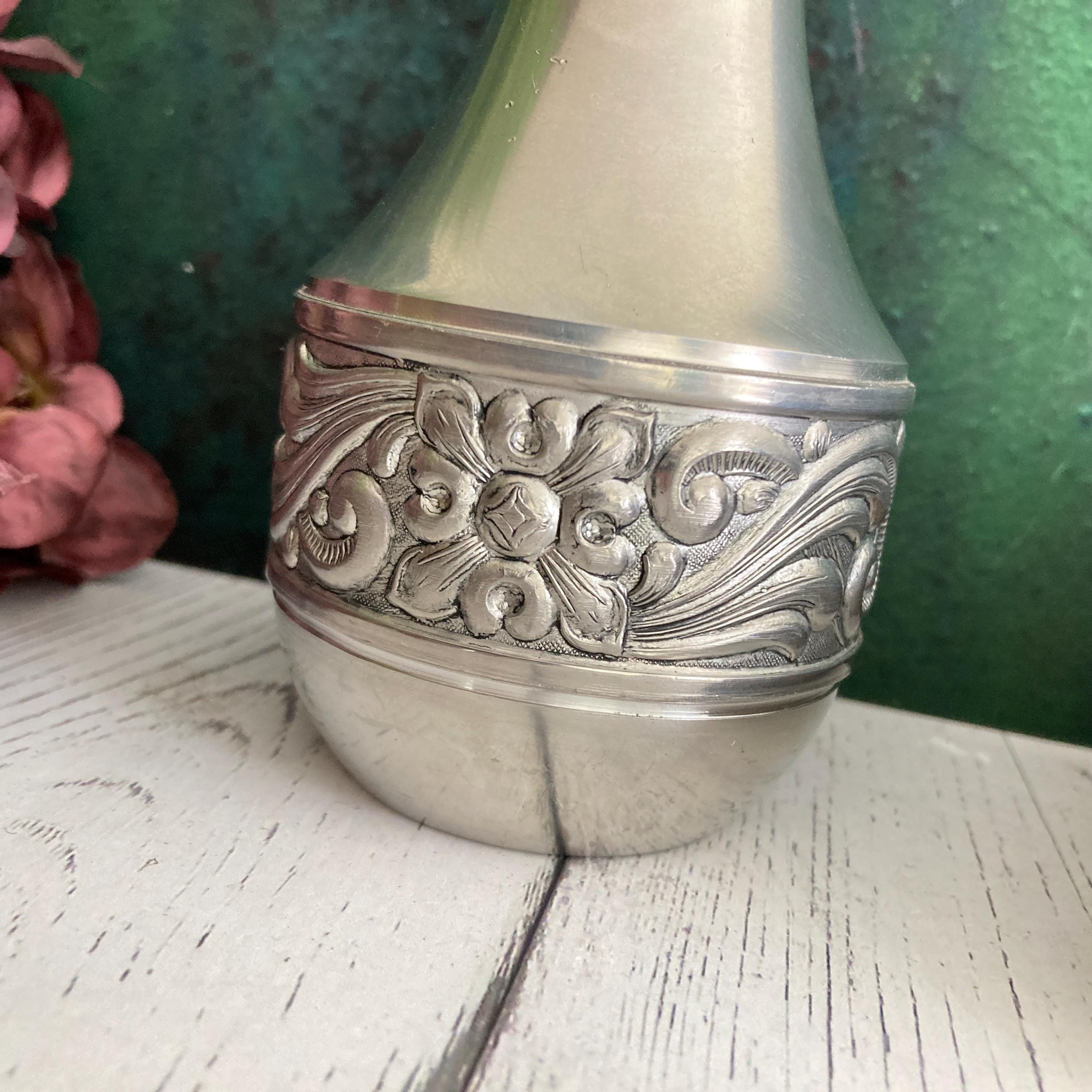 Vintage Ornate Metal Vase With Ornate Handles, Norwegian Handmade