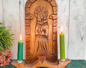 Vintage Wooden Candle Sconce with Massive Reflector for Two Candles, Hand Carved Praying Saint Altar Decor