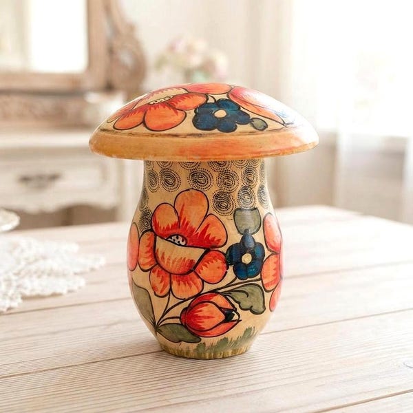 Vintage Wooden Mushroom, Hollow Money Box, 1950s Soviet Hand Painted Pink Khokhloma Flowers