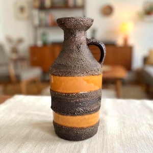 Vintage East German Strehla 1302 Fat Lava Vase, Orange Brown Striped Ceramic Vase, 1970s Mid Century Stoneware