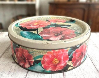 Vintage Mackintosh’s Quality Street Tin, Floral Camellia Chocolate & Candy Tin, 1980s Round English Storage Box