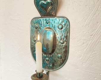 Vintage Copper Candle Wall Sconce with Oval Convex Reflector, Handmade Scandinavian Candle Holder