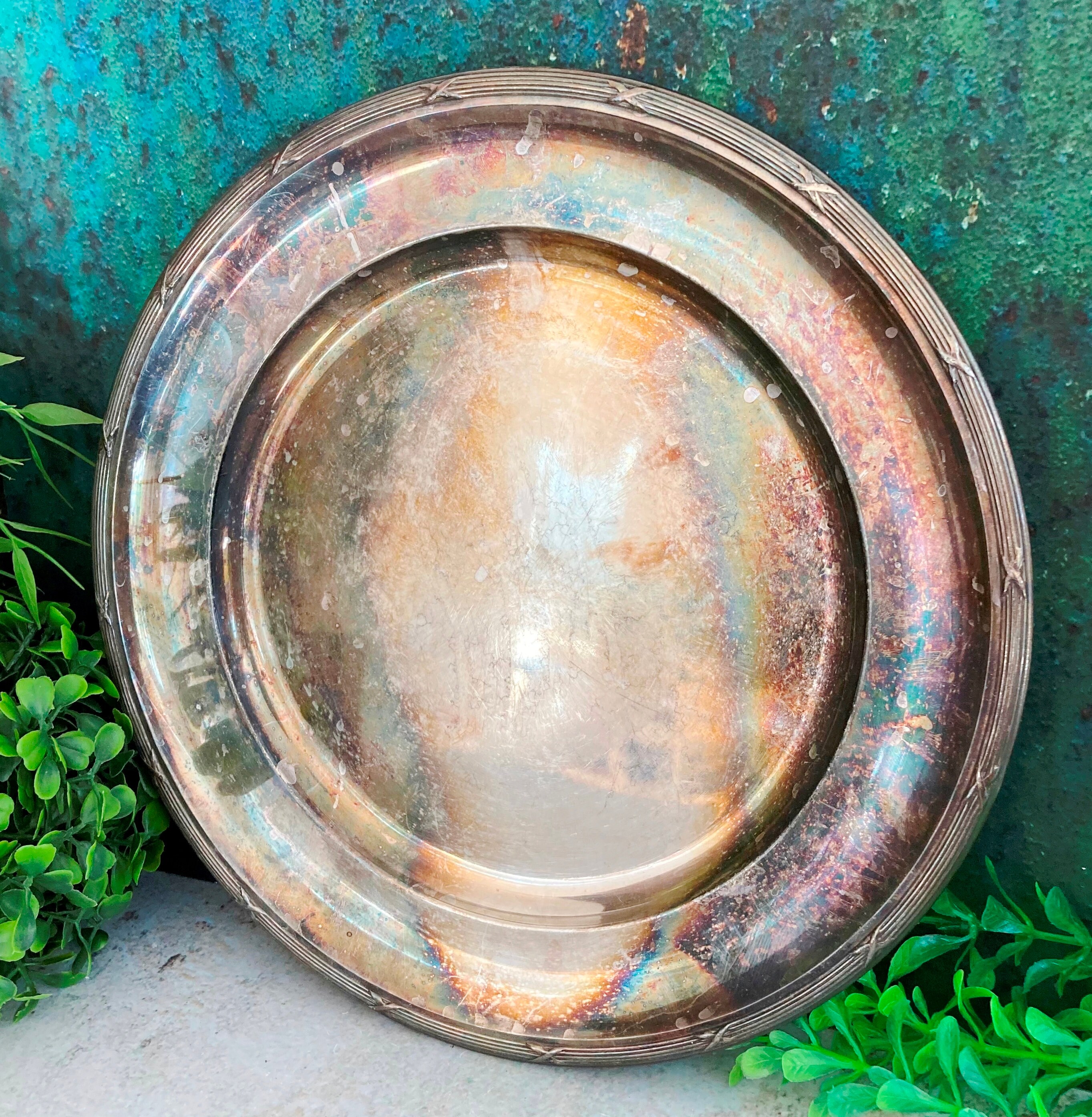 ヴィンテージ シルバー メッキ トレイ、ラウンド ドリンク フード