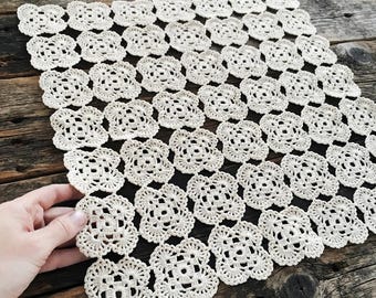 Vintage Hand Crochet Table Topper, Beige Lace Motifs Square Cotton Doily, Handmade Table Linens 15x15"