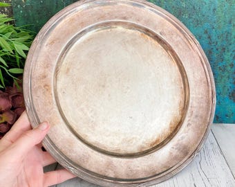 Plato antiguo para servir, bandeja plateada para bebidas y comida, bandeja grande redonda de Melchior deslustrada de 26 cm.