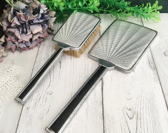 Hand Mirror & Bristle Brush, Art Nouveau Silver Metal Vanity Set, Dressing Table Hair Brush, Makeup Mirror, Lady Gift, Vintage Gift for Her