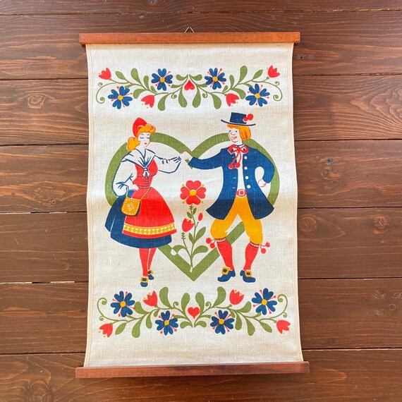 Fabric Wall Hanging Swedish National Costumes Couple Printed Retro Textile Cloth Wooden Hanger Scandinavian Vintage 1970s Home Decor Etsy Canada