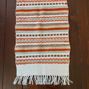 Hand Woven Wool Table Runner, Vintage Soft Brown Taupe Earty Table Topper, Handmade on Looms, Ethnic Scandinavian Folk Rug, Fringe