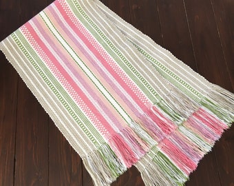 Scandinavian Table Runner, Pink Green Woven Table Linens, Vintage Striped Table Topper, Cotton Table Cover, Swedish Home Decor 49x13"