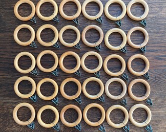 30 Wooden Curtain Rings with Metal Clips, Vintage Light Beige Valance Rings, Farmhouse Drapery Hoops