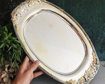 Vintage Oval Embossed Silver Plated Tray, Large Fish Food Drinks Serving Platter, Scandinavian Silverware