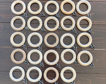 24 Wooden Curtain Rings with Metal Clips, Vintage Light Beige Valance Rings, Farmhouse Drapery Hoops