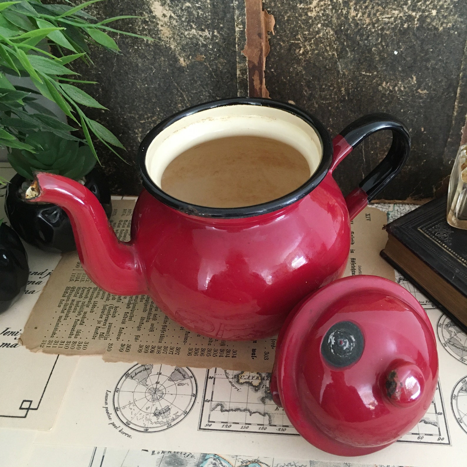 Tea Pot Vintage Enamel Tea Pot Cherry Red Coffe Pot Usable Etsy