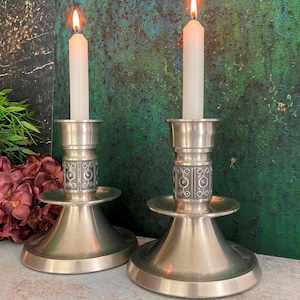 Large Norwegian Candle Holders Pair, Viking Pewter, 2 Footed Antique Pillar Candle Sticks, Ornate Metal, Vintage Altar Decor, Scandinavia
