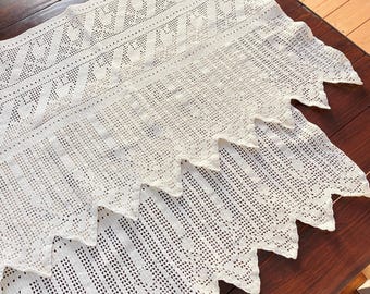 Crochet Cotton Filet Lace Valance Pair, 2 White Handmade Cafe Curtains, Vintage Romantic Farmhouse Decor